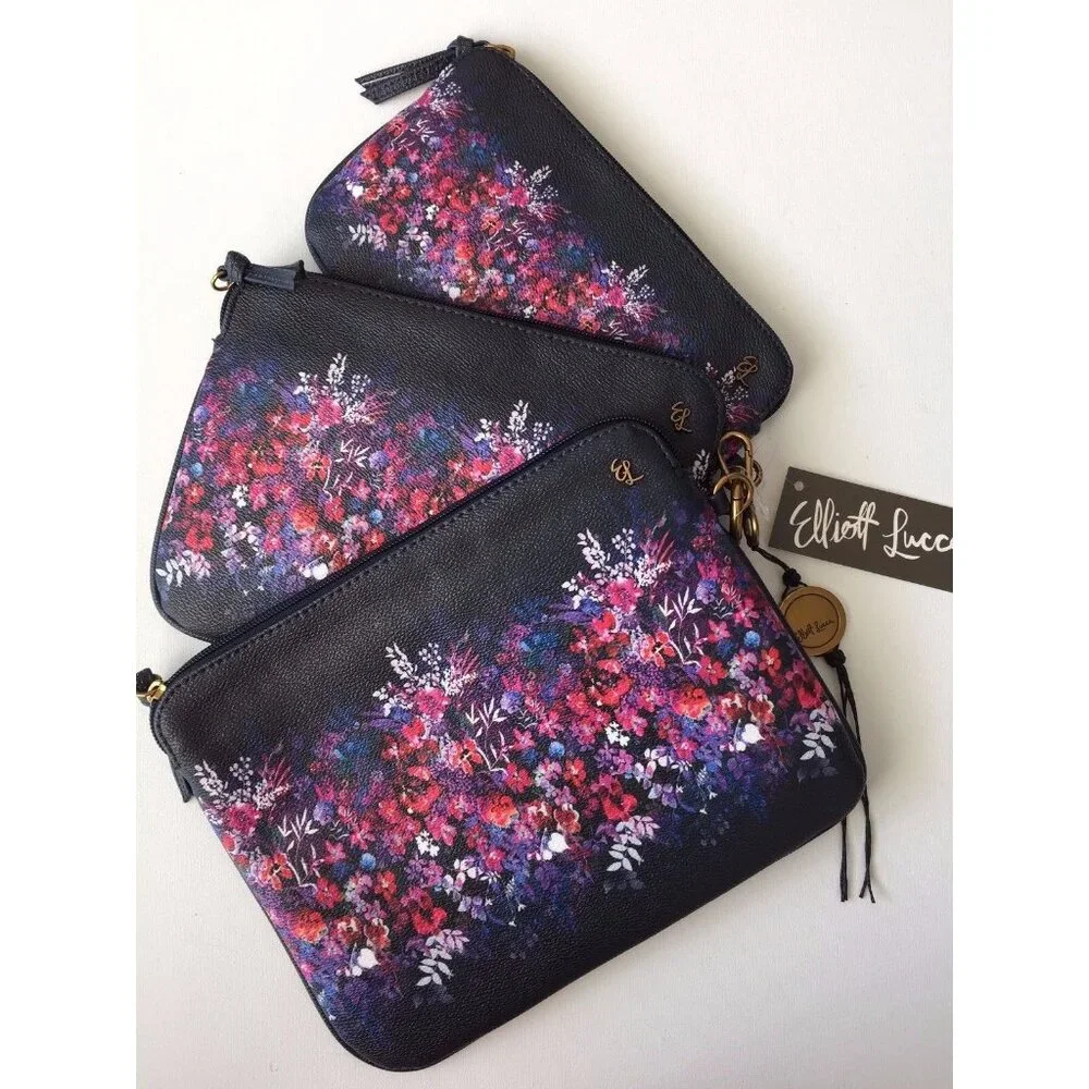 Elliott Lucca Set of 3 Artisan Floral Bouquet Indigo Blue Cosmetic Bags NEW